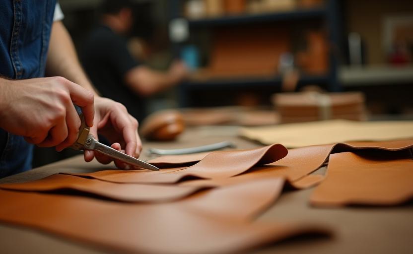 工房でバッグの革をカットしている様子
